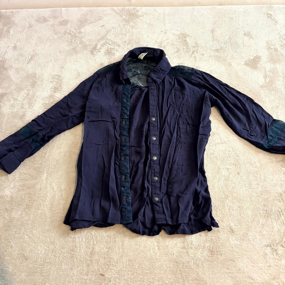 BKLYN Women's Purple Sheer Lace Button Front Blouse Top Boho Long Sleeve